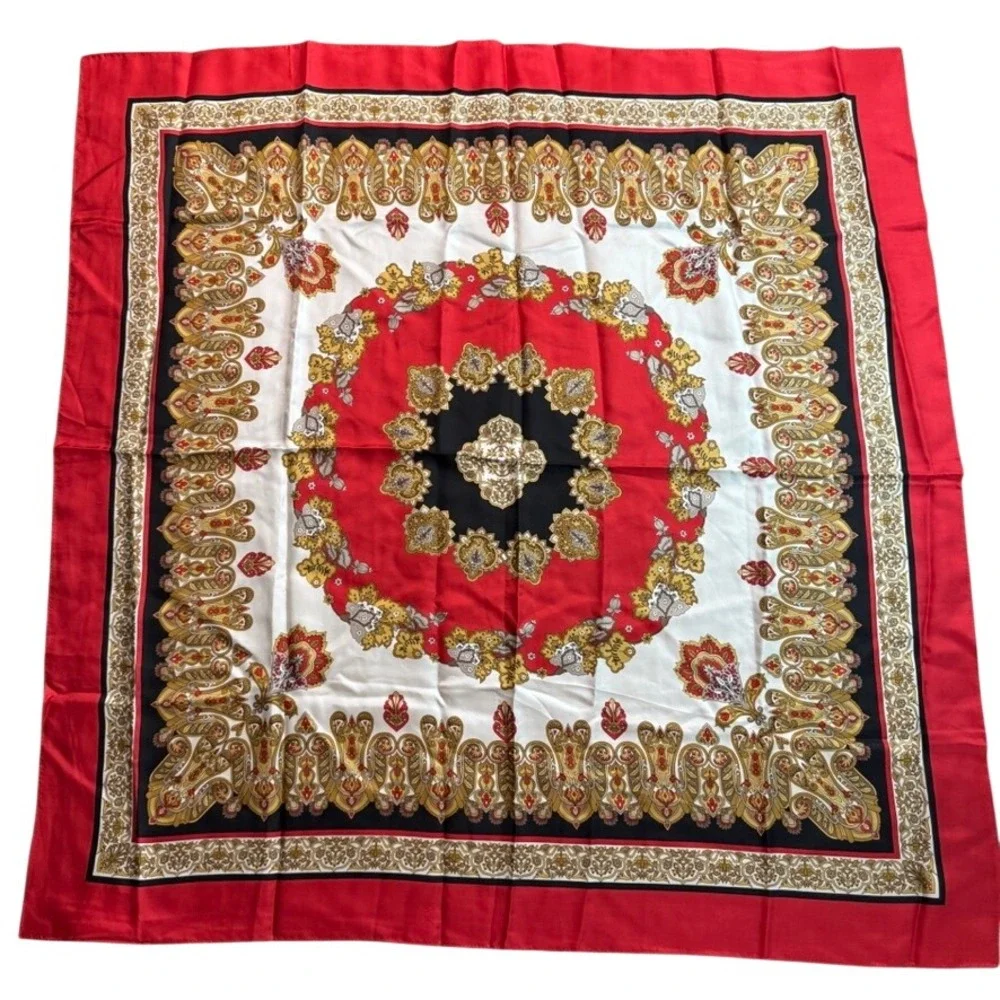 Talbots Silk Scarf Red Gold Paisley Medallion Square Large 34in RN 76971